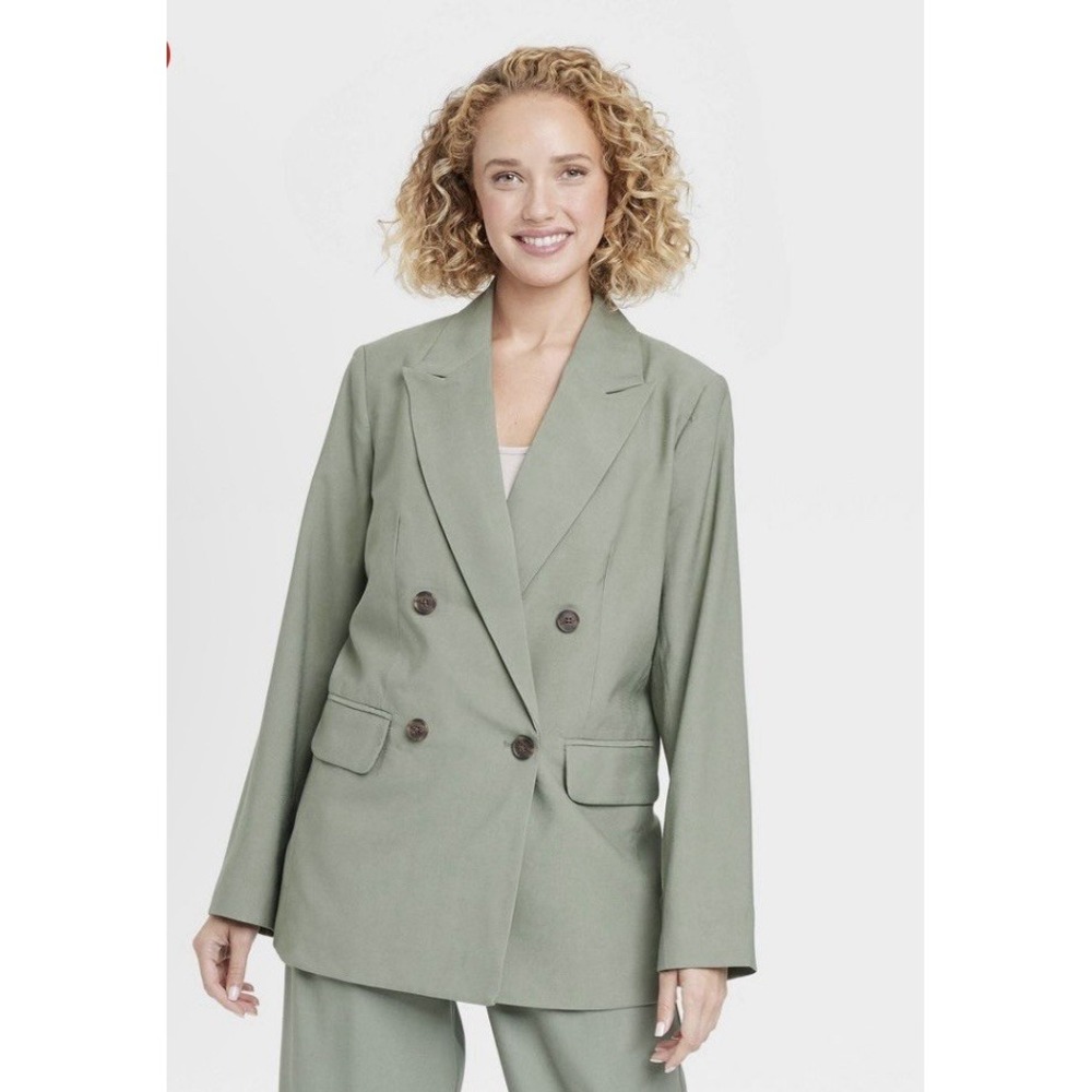 A New Day Women's XXL Double Breasted Blazer Jacket Mid Length Olive Green NWT